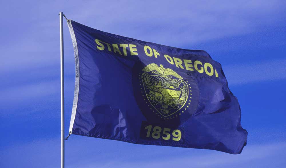 State flag of Oregon against a blue sky background